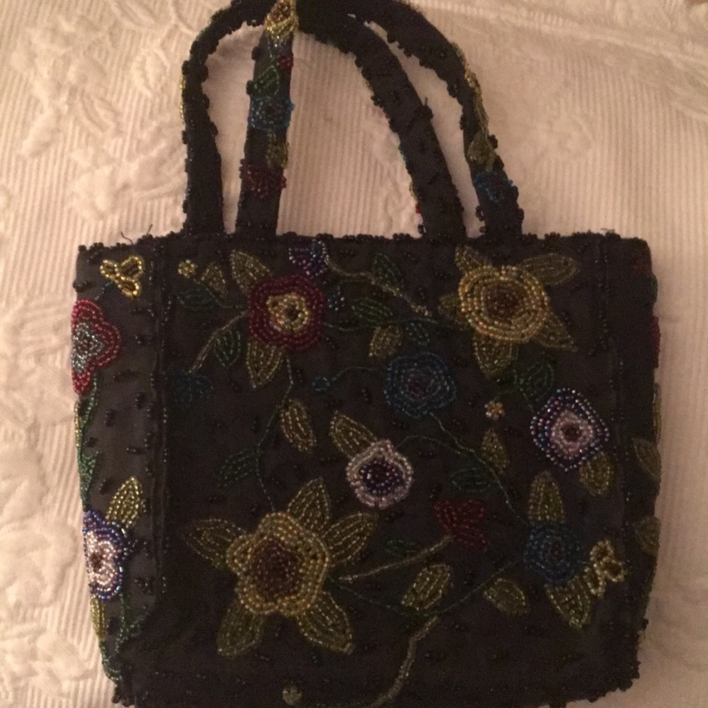 Embellished Black Beaded Floral Wristlet
